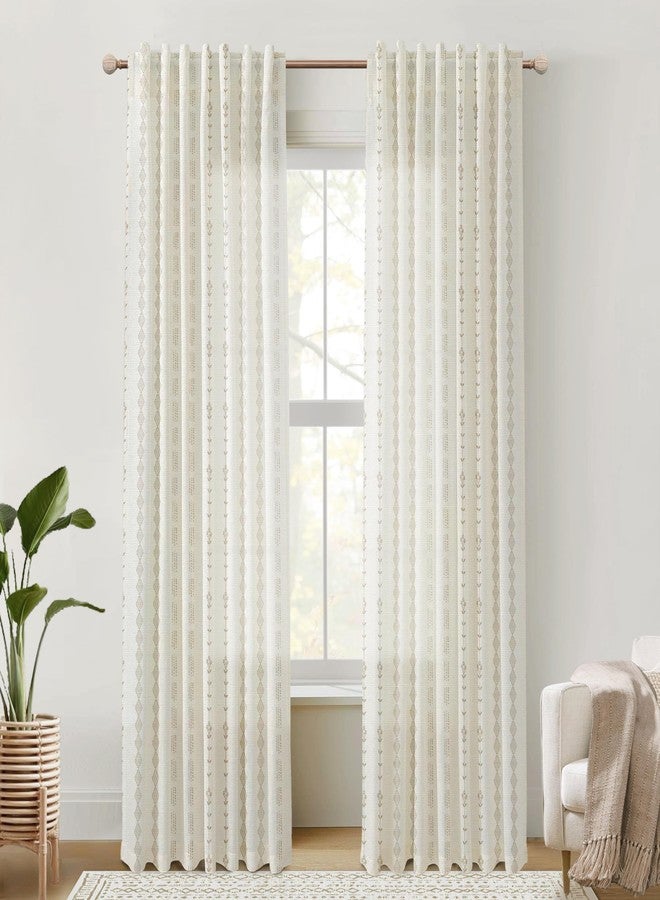 Lino Rosa Neutral Farmhouse Curtains for Living Room 84 Inches Long,Taupe Cream Boho Light Filtering Sheer Patterned Modern Beautiful Linen Curtains with Floral Pattern Design Dining Room 84 Length 2 Panels Set - Image 3